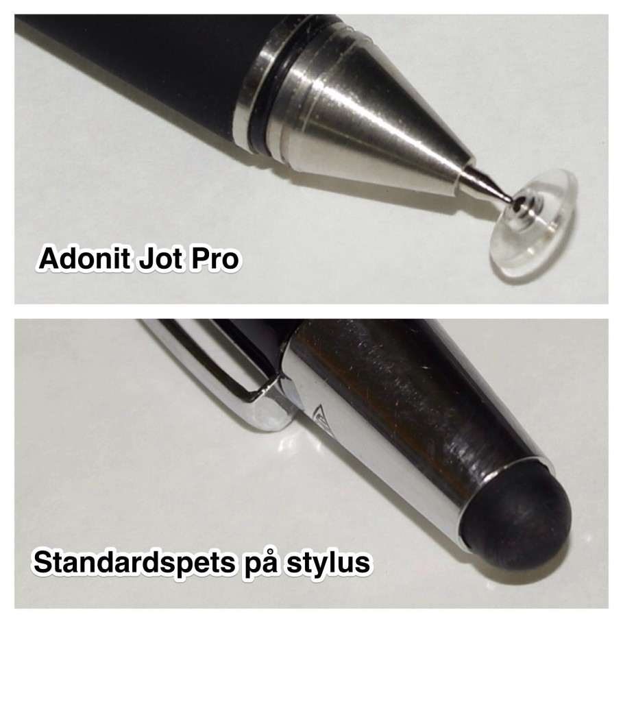 På bilden ser du Adonit Jot Pro spetsen på översta bilden, och på den nedre bilden ser du ett standardutförande på en styluspenna